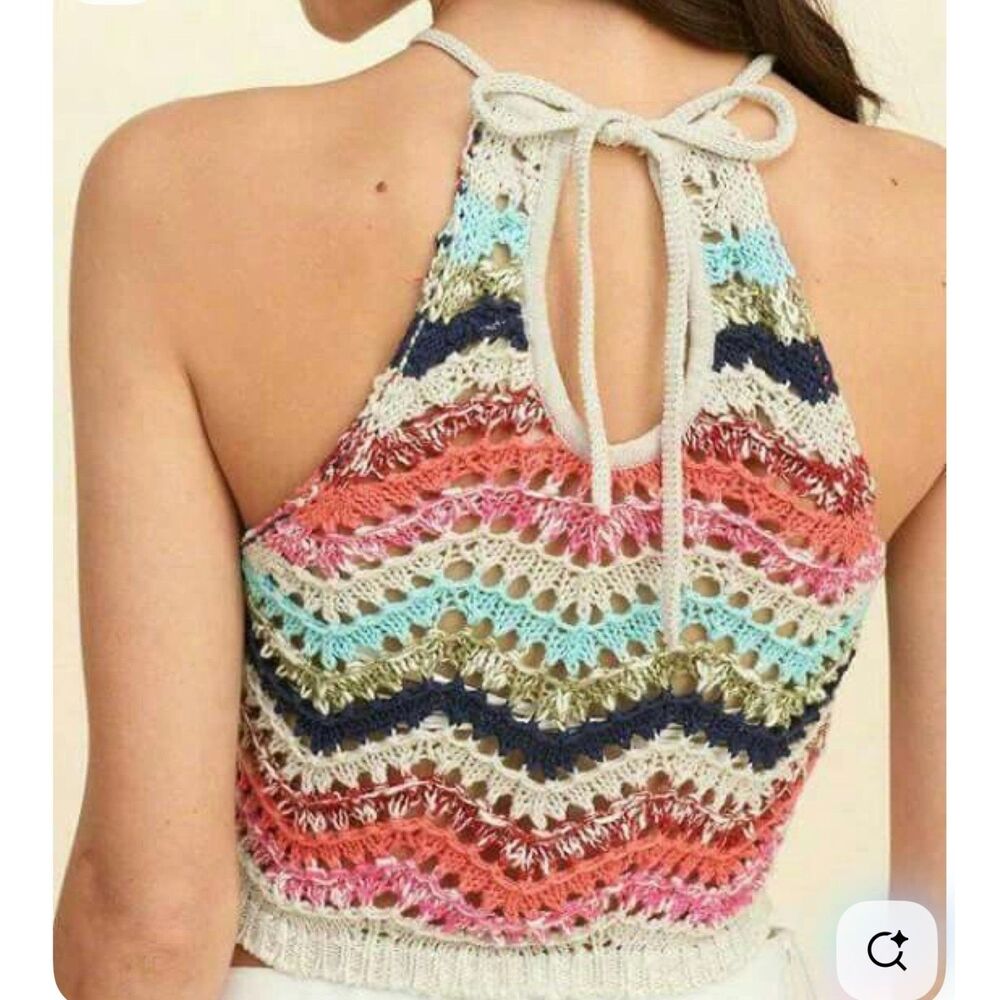 Hollister Women's Multicolor crochet halter crop Chevron pattern Med 80% Cotton